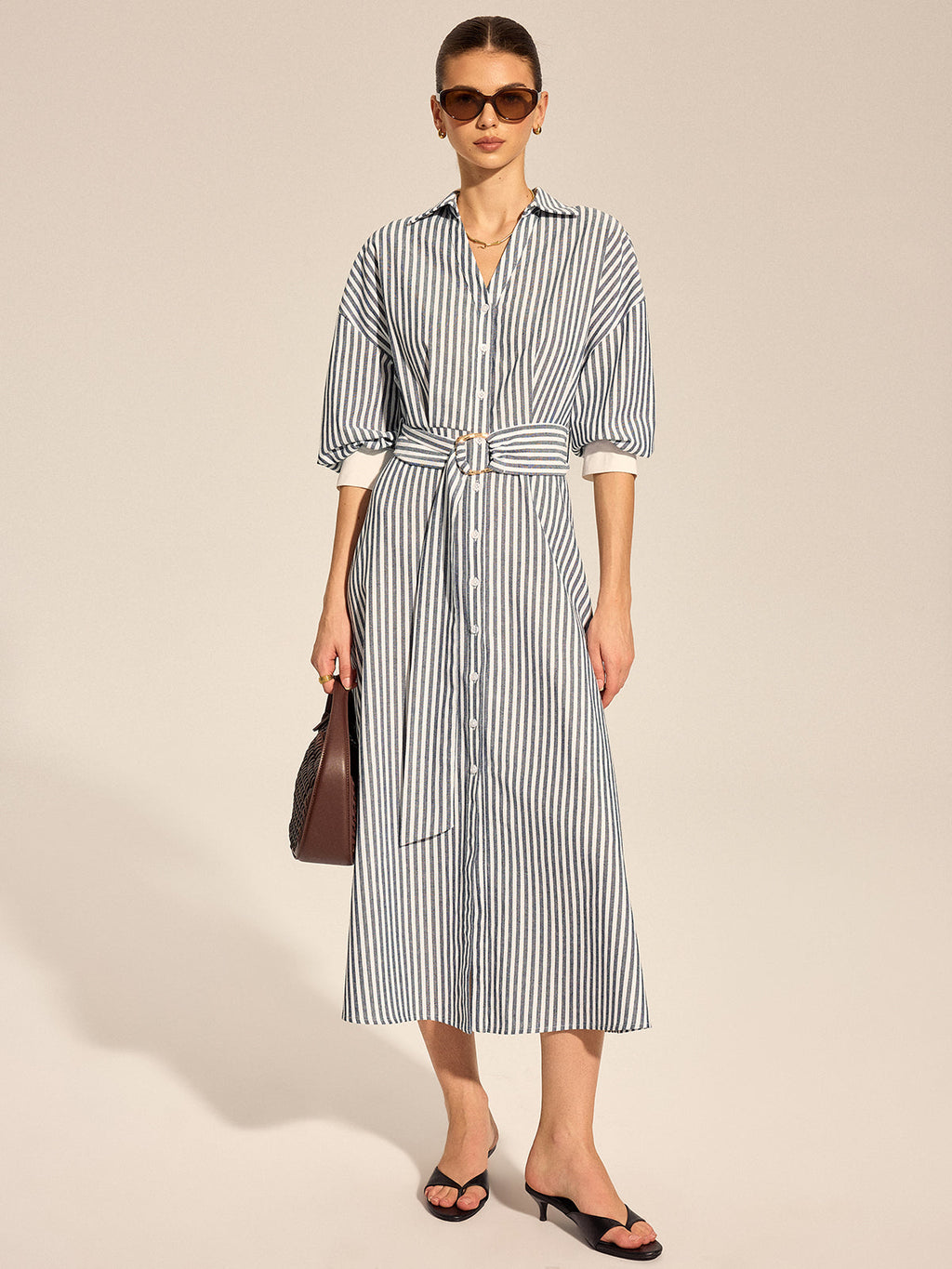 Striped Belted Tie Cuff Shirt Midi Dress Women's Casual Fashion