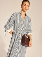 Striped Belted Tie Cuff Shirt Midi Dress Women's Casual Fashion