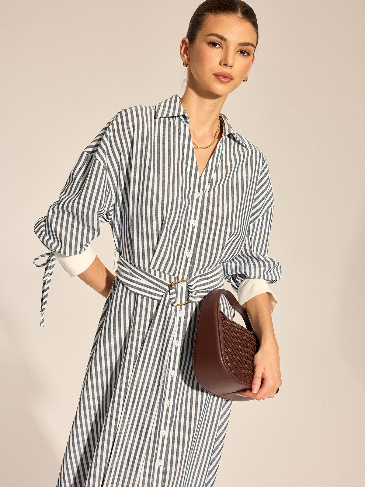 Striped Belted Tie Cuff Shirt Midi Dress Women's Casual Fashion