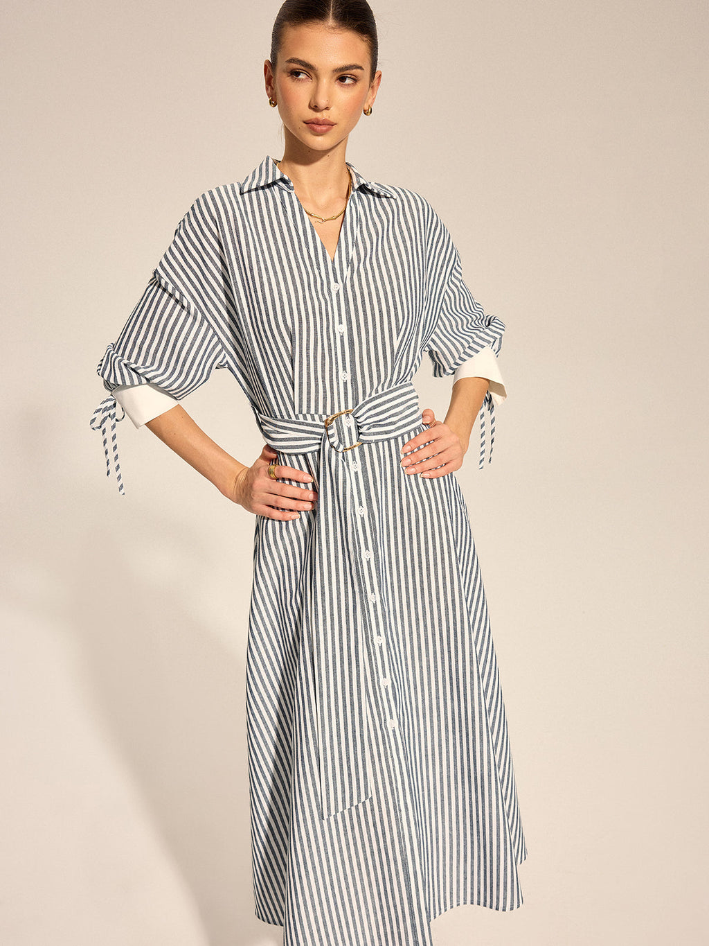 Striped Belted Tie Cuff Shirt Midi Dress Women's Casual Fashion