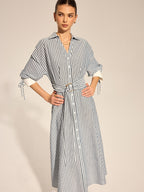 Striped Belted Tie Cuff Shirt Midi Dress Women's Casual Fashion