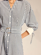 Striped Belted Tie Cuff Shirt Midi Dress Women's Casual Fashion