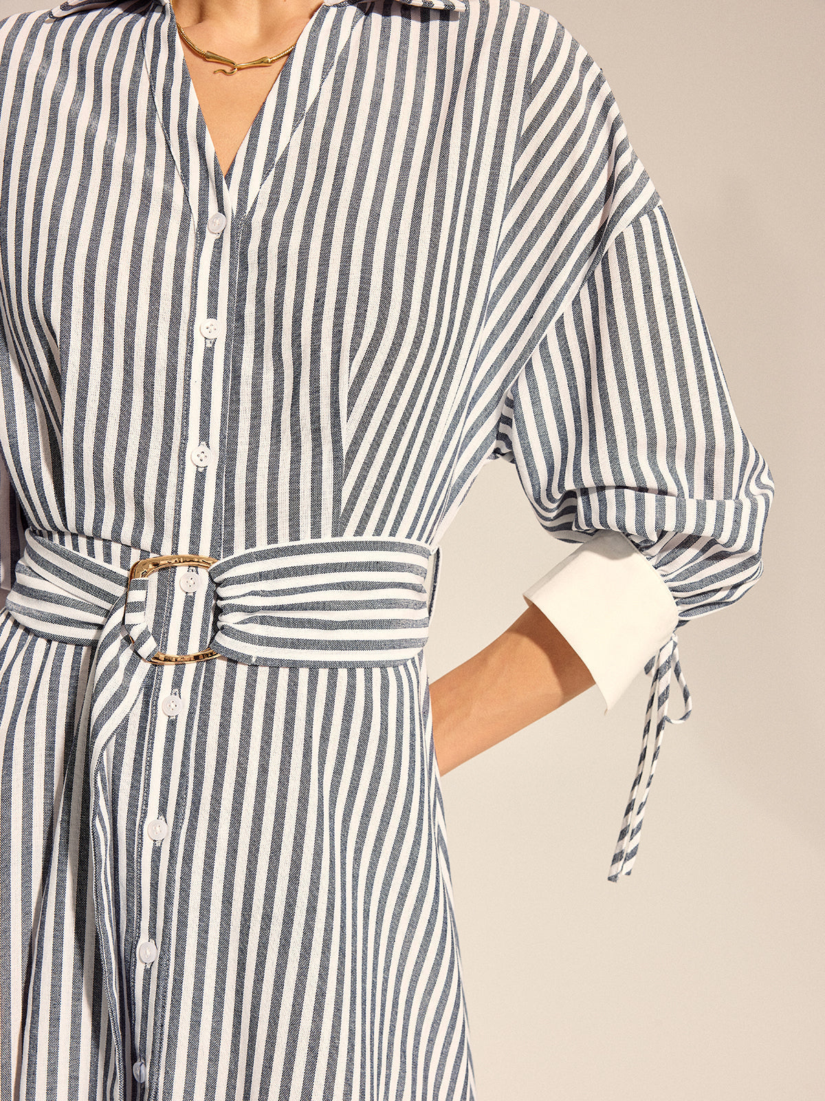 Striped Belted Tie Cuff Shirt Midi Dress Women's Casual Fashion