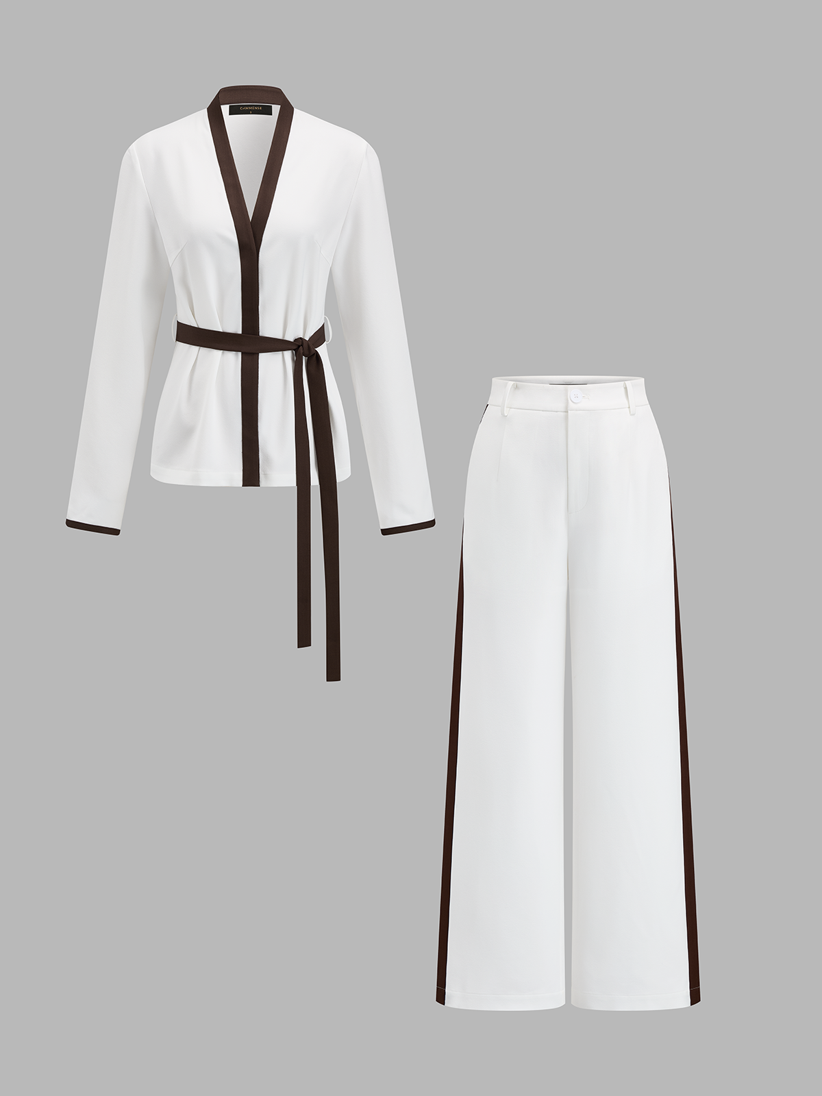 Contrast Trim Belted Two Piece Pants Set with Stylish Modern Design