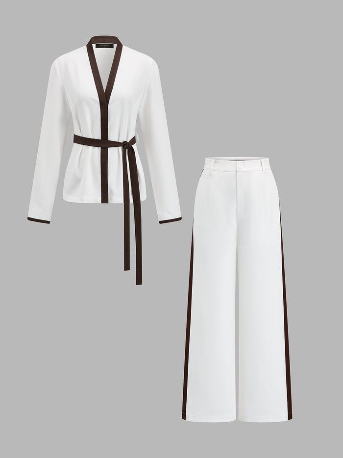 Contrast Trim Belted Two Piece Pants Set with Stylish Modern Design