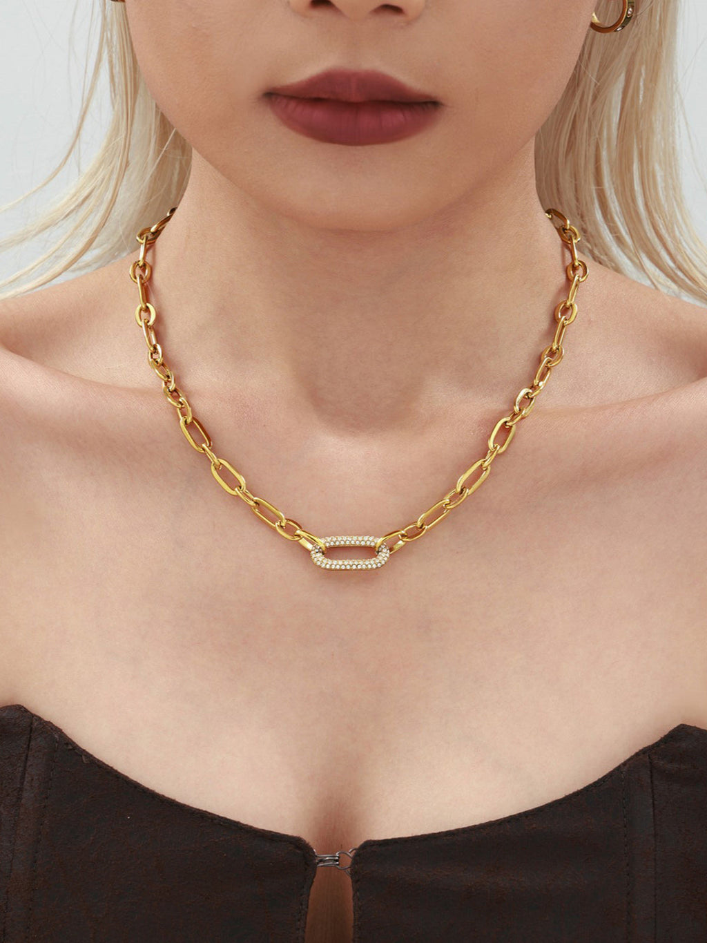 Paved Paperclip Link Necklace Trendy High-Quality Stainless Steel