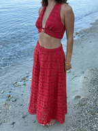 Eyelet Halter Crop Top & Floral Maxi Skirt Set for Women
