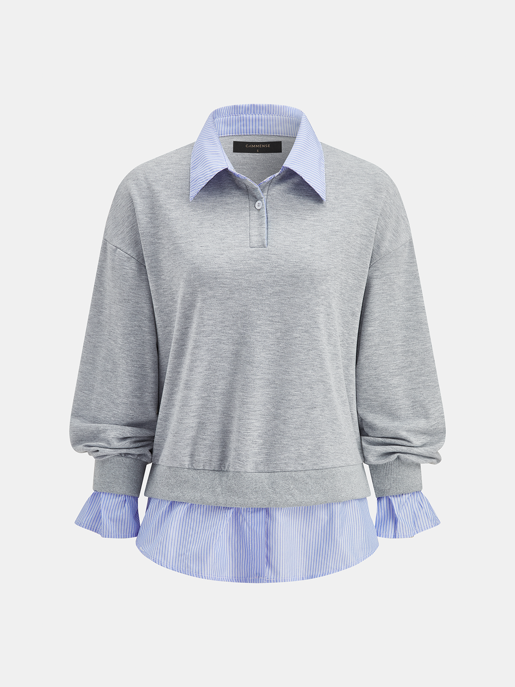 Striped Collar Fake Two Piece Sweatshirt Casual Layered Look Pullover