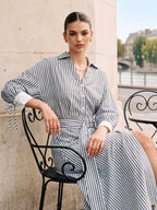 Striped Belted Tie Cuff Shirt Midi Dress Women's Casual Fashion