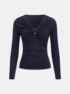 V-Neck Ruched Long Sleeve Top for Women Casual Fit