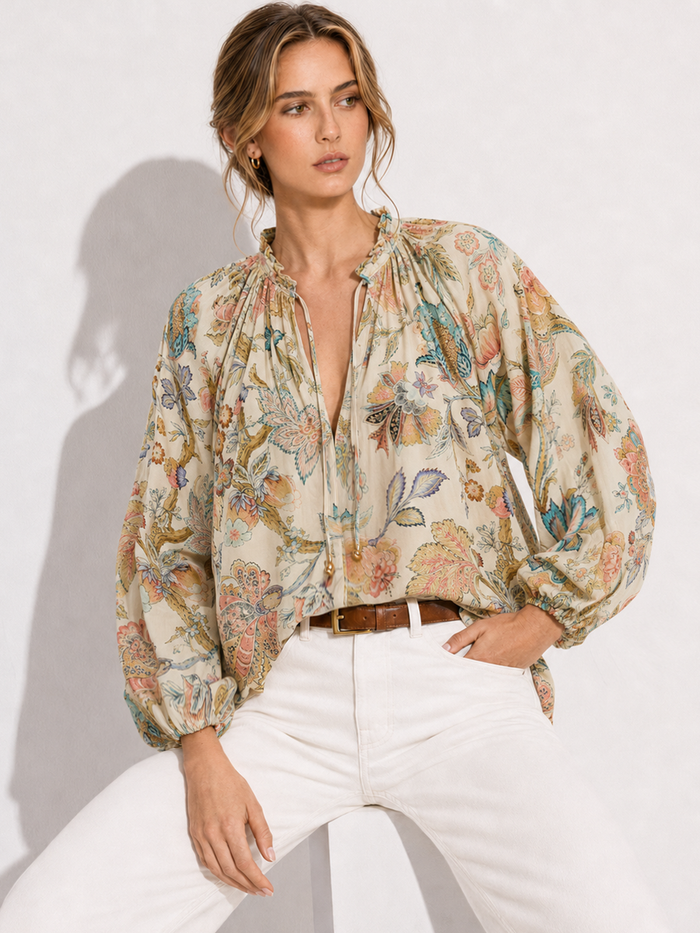 Floral Ruffle Tie Neck Balloon Sleeve Blouse for Women, Spring Fashion Essential