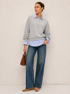 Striped Collar Fake Two Piece Sweatshirt Casual Layered Look Pullover