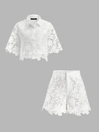 Guipure Lace Short Sleeve Shirt & Shorts Set for Women Summer Casual
