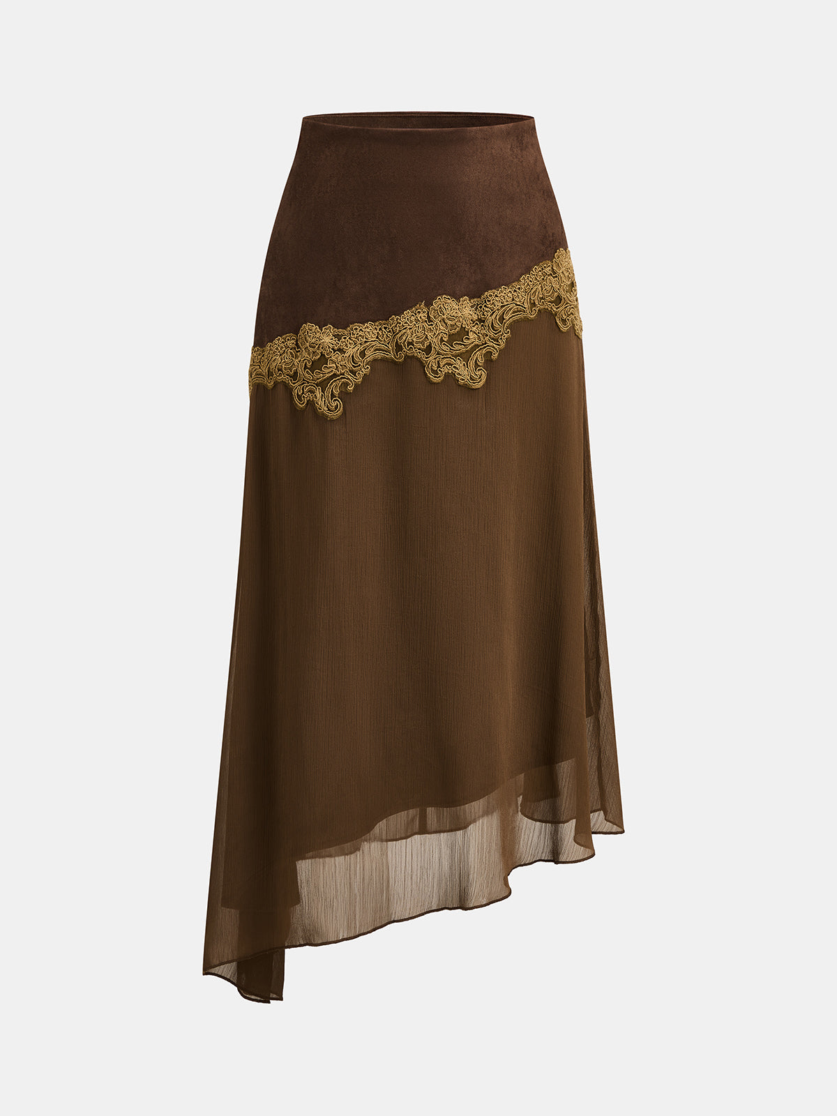 Lace Patchwork Asymmetrical Suede Effect Skirt Women's Fashion Trend