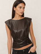 Faux Leather Ruched Waist Top with Elegant Detailing