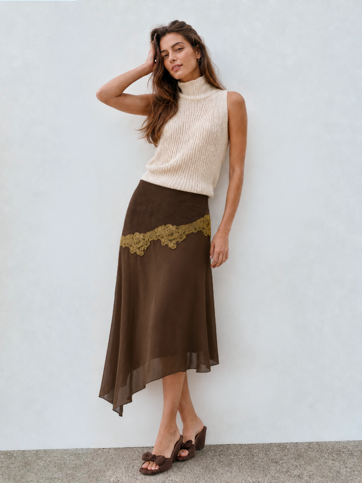 Lace Patchwork Asymmetrical Suede Effect Skirt Women's Fashion Trend