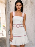 Gingham Trim Belted Pleated Mini Dress with Button Details