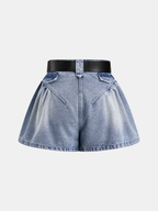Belted Gathered Flared Denim Shorts - High Waist Casual Summer Wear