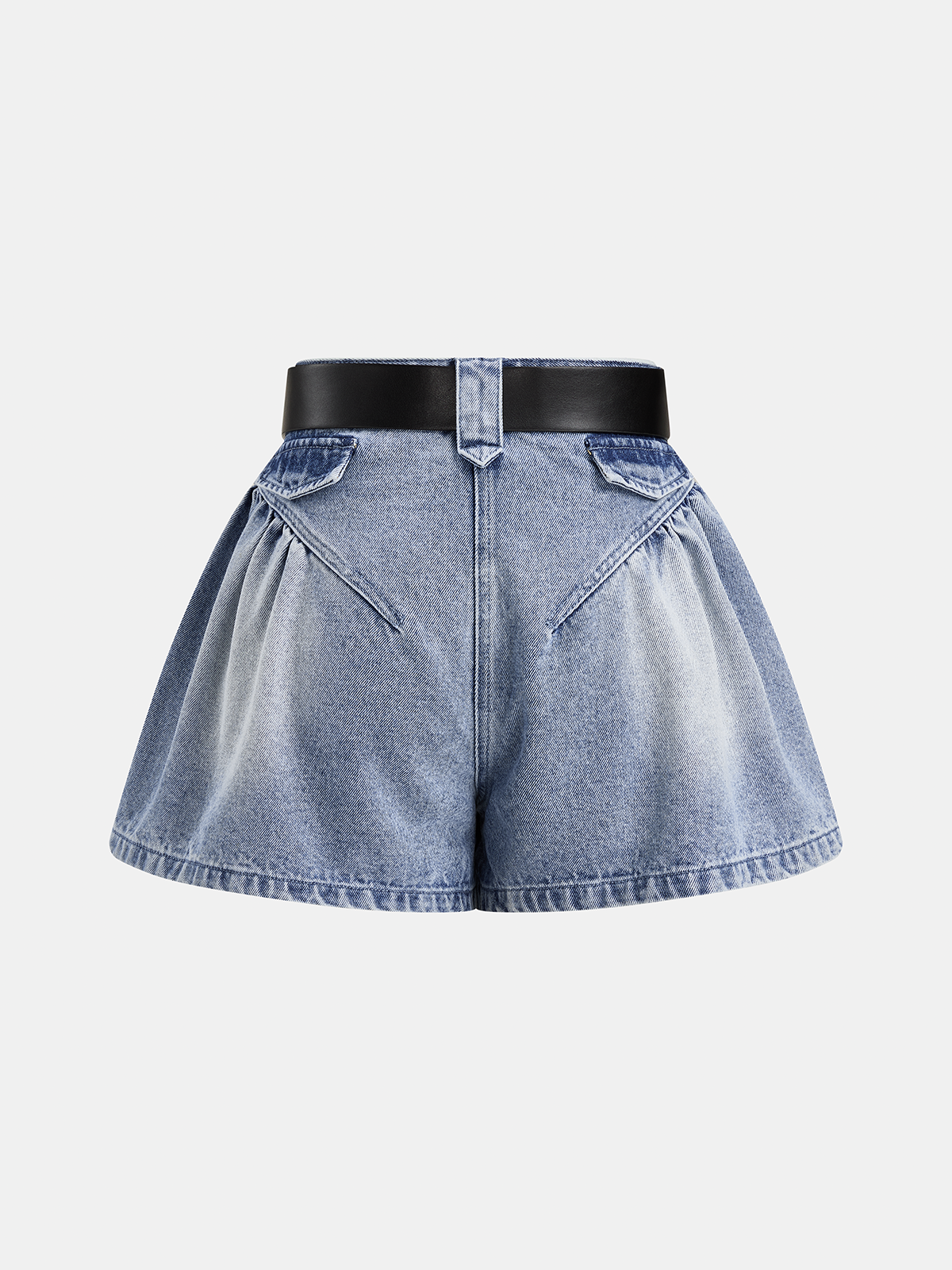 Belted Gathered Flared Denim Shorts - High Waist Casual Summer Wear