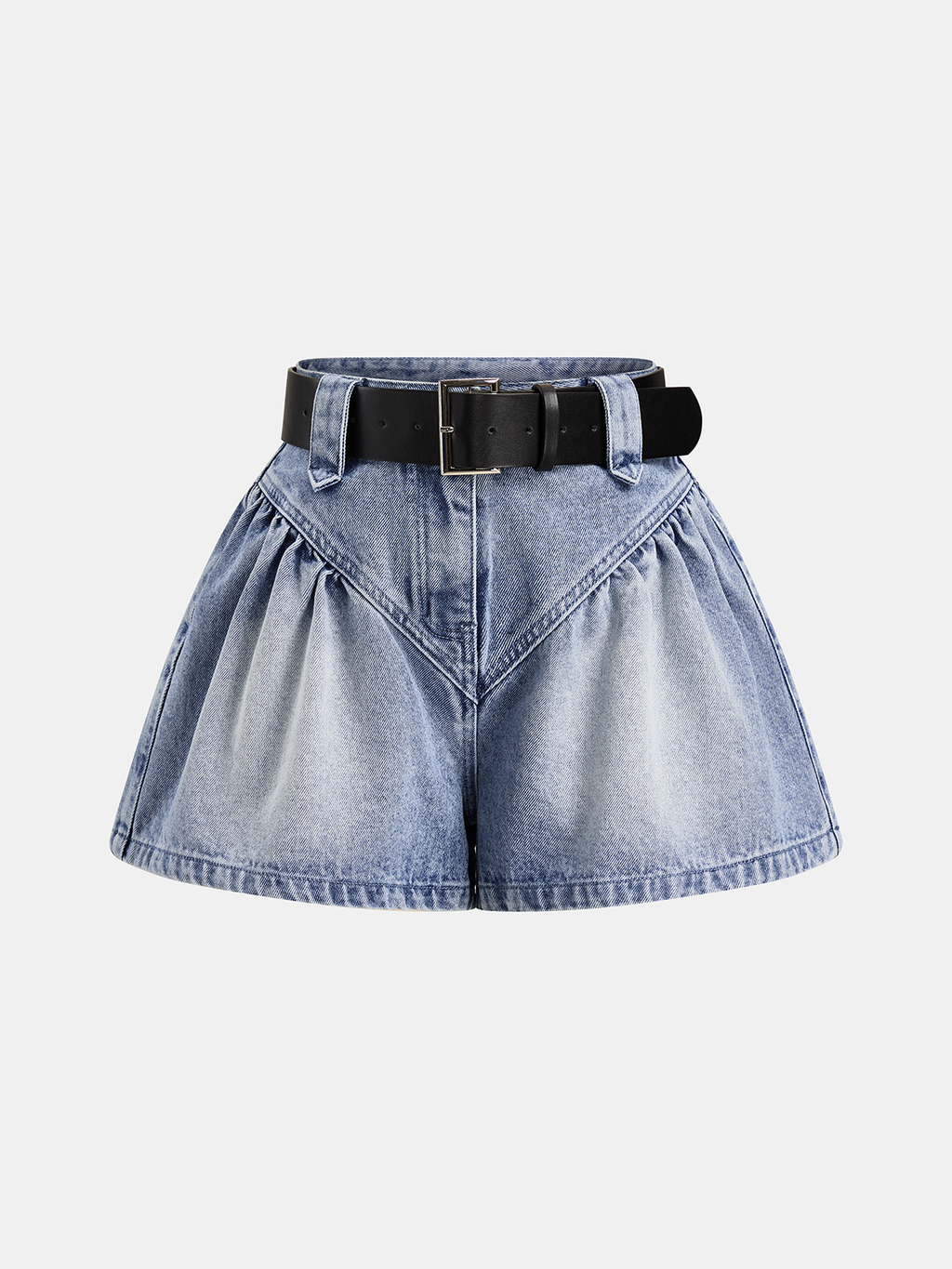 Belted Gathered Flared Denim Shorts - High Waist Casual Summer Wear