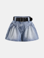 Belted Gathered Flared Denim Shorts - High Waist Casual Summer Wear
