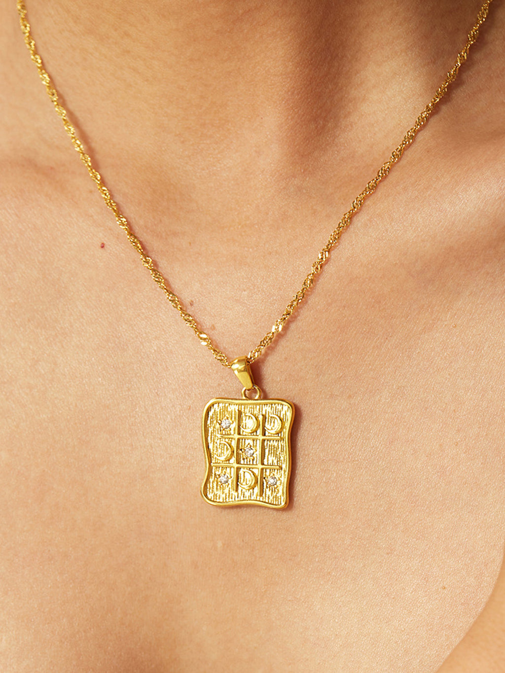Star Moon Square Pendant Necklace with Celestial Charm Chain