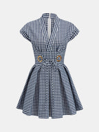V-Neck Check Belted Mini Swing Dress for Women, Casual Summer Style