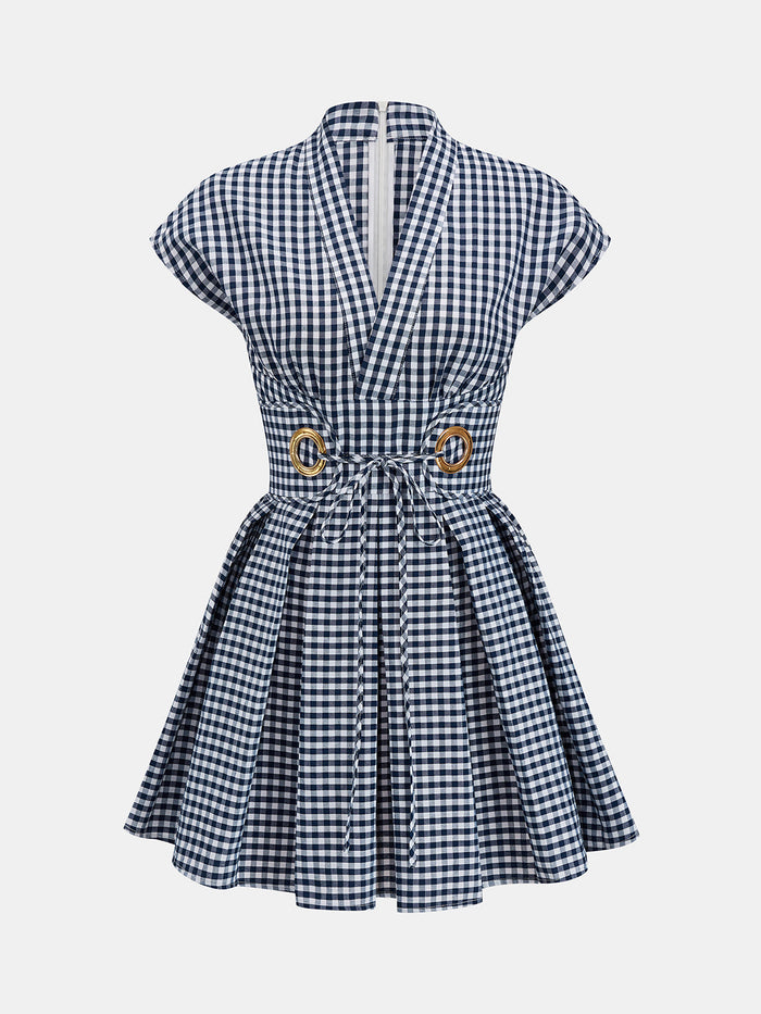 V-Neck Check Belted Mini Swing Dress for Women, Casual Summer Style