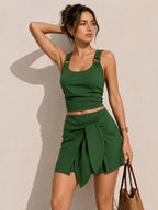 Linen Blend Two-Piece Skirt Set with Crop Top and Midi Skirt