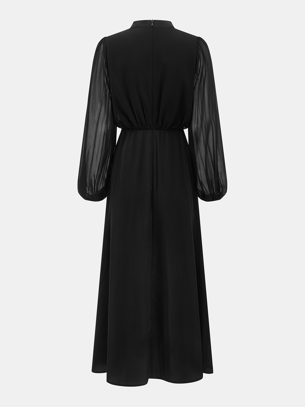 High Neck Sheer Puff Sleeve Slit Midi Dress for Elegant Evenings