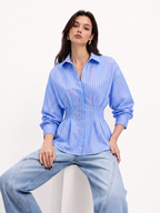 Striped Cinched Waist Long Sleeve Shirt with Button Detail