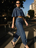 Mid Waist Tie Cuff Denim Pants for Women Casual Stretch Fit