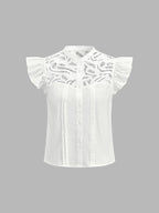 Lace Patch Flutter Sleeve White Cotton Blouse for Elegant Summer Wear