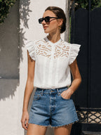 Lace Patch Flutter Sleeve White Cotton Blouse for Elegant Summer Wear