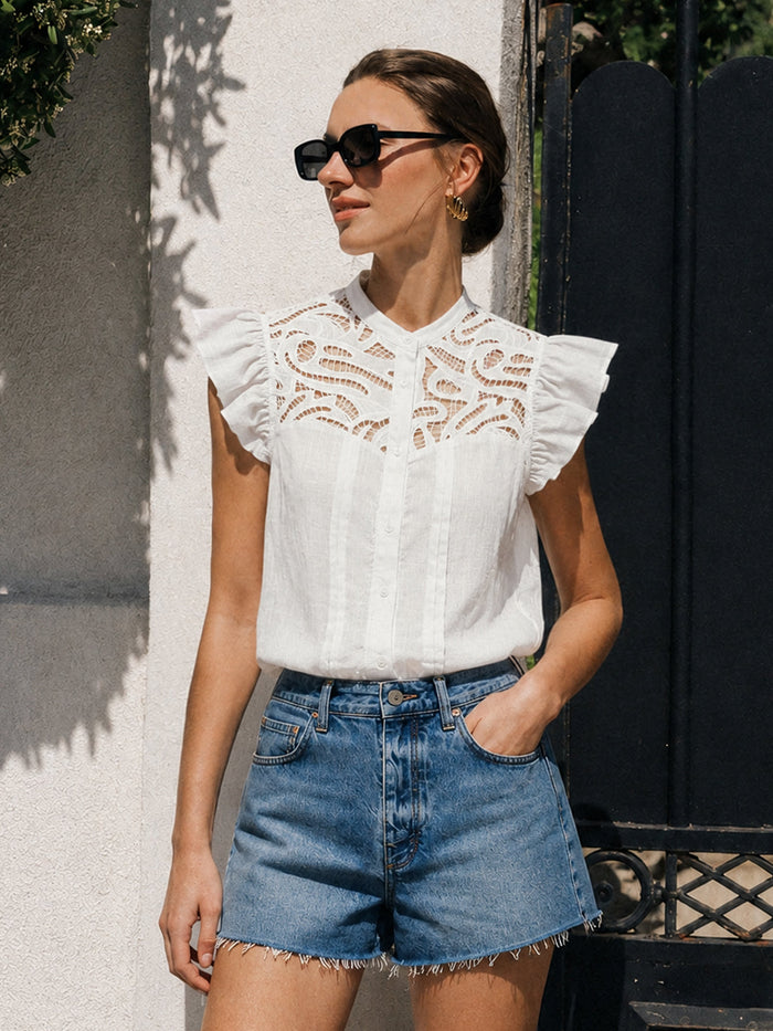 Lace Patch Flutter Sleeve White Cotton Blouse for Elegant Summer Wear