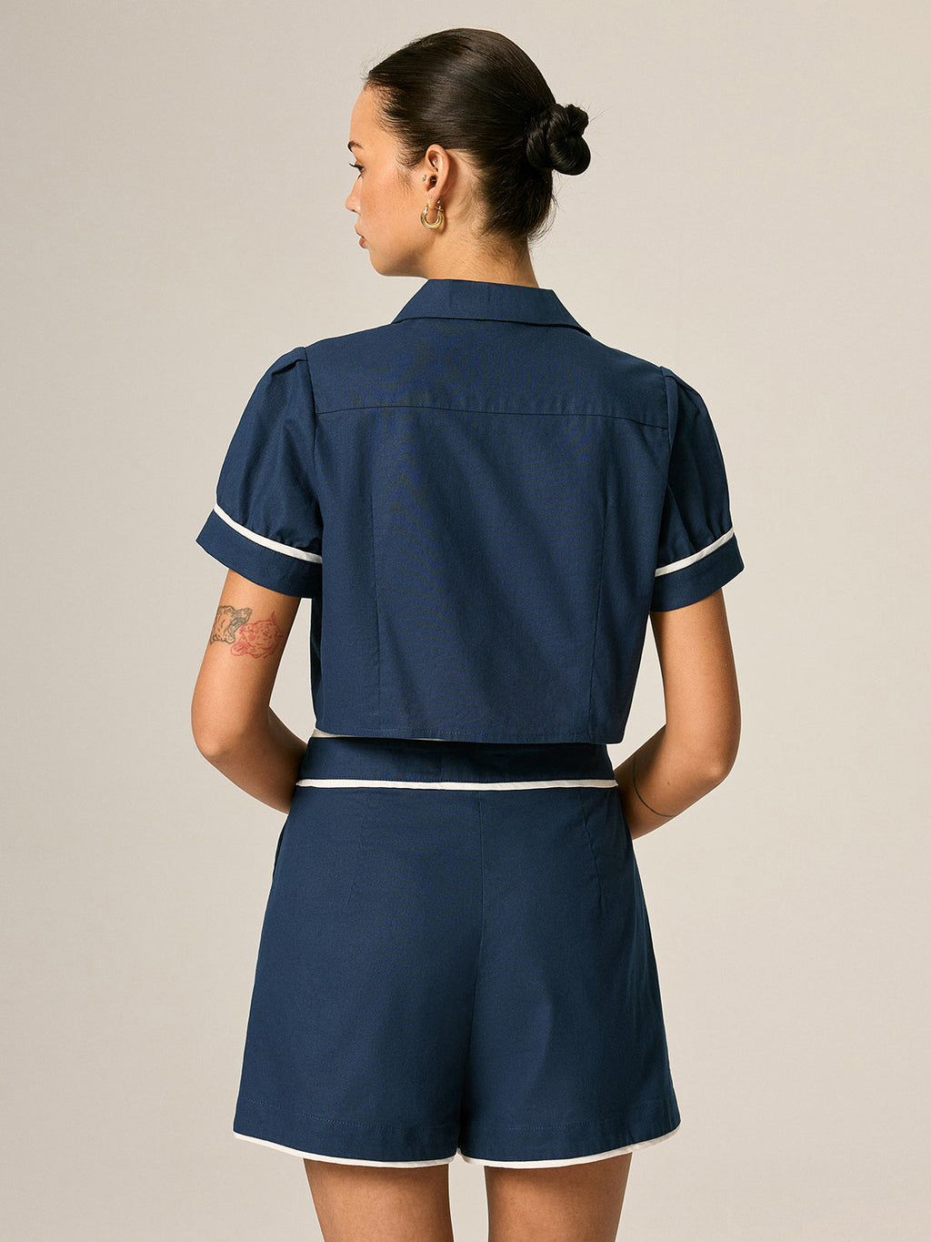 Contrast Trim Cotton Linen Two Piece Shorts Set with Breathable Fabric Design