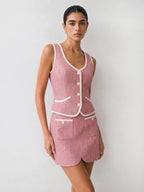 Contrast Piping Tweed Two Piece Elegant Office Skirt Set