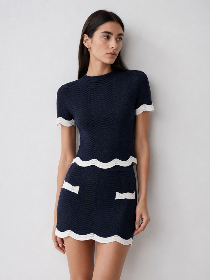 Contrast Trim Wavy Knit Two Piece Skirt Set Chic Women's Fashion Outfit