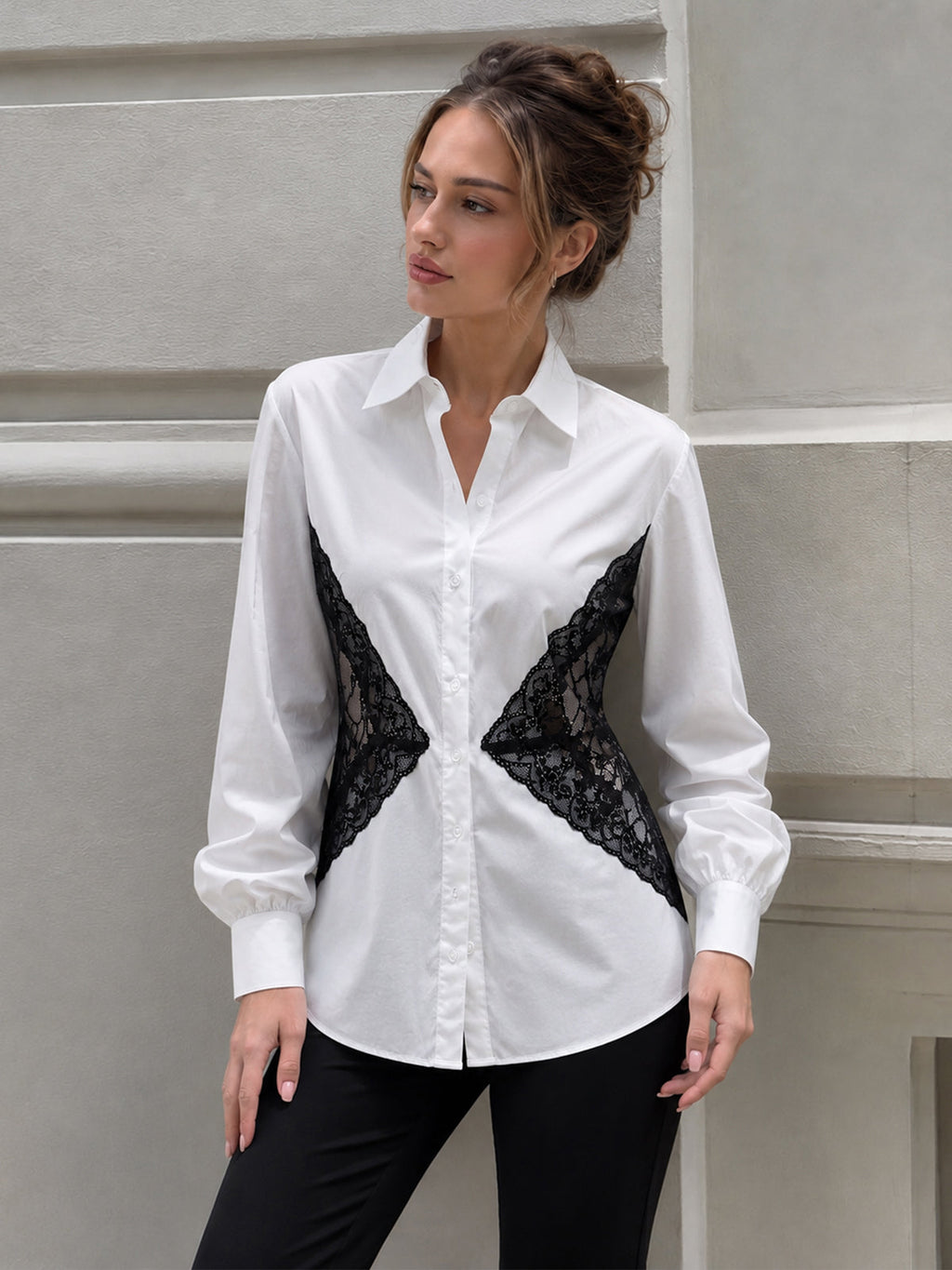 Contrast Lace Waist Shirt Elegant Feminine Tailored Design