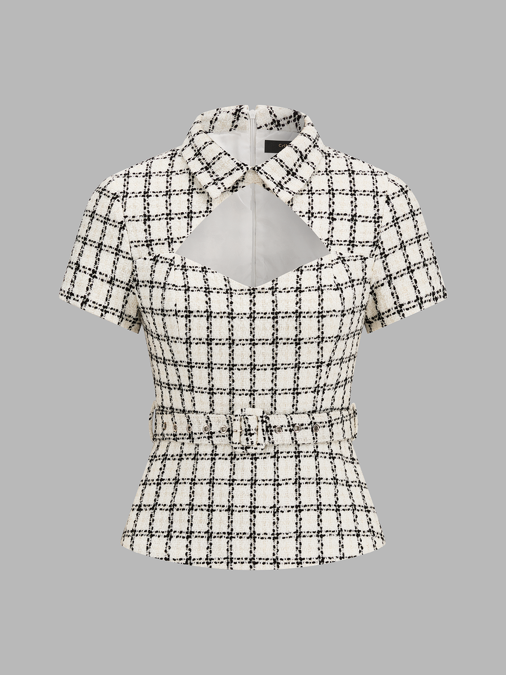 Wool Blend Check Cutout Belted Shirt for Stylish Layering Options