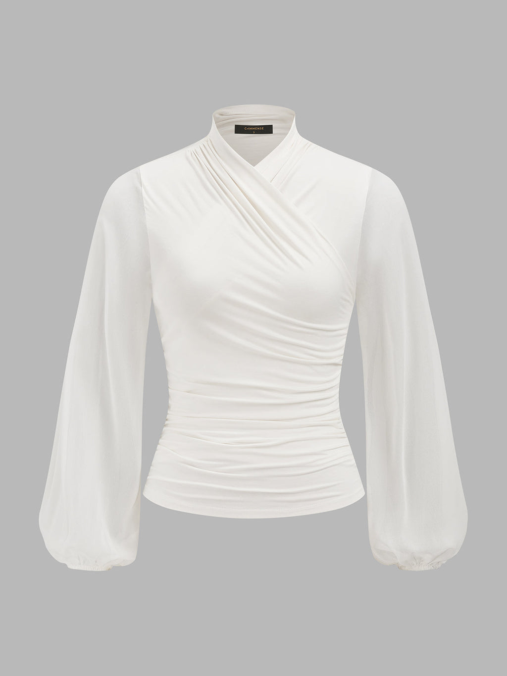 Semi-Sheer Ruched Wrap Lantern Sleeve Blouse Trendy Women's Fashion Top