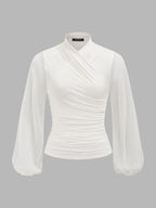 Semi-Sheer Ruched Wrap Lantern Sleeve Blouse Trendy Women's Fashion Top