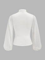 Semi-Sheer Ruched Wrap Lantern Sleeve Blouse Trendy Women's Fashion Top