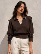 Contrast Trim Polo Cropped Sweatshirt for Women Casual Comfort