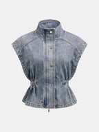Sleeveless Cinched Waist Denim Top for Women with Button Detail