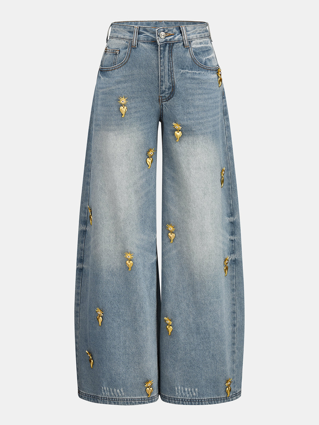 Heart Embellished High-Waist Wide Leg Denim Pants for Women