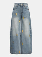 Heart Embellished High-Waist Wide Leg Denim Pants for Women