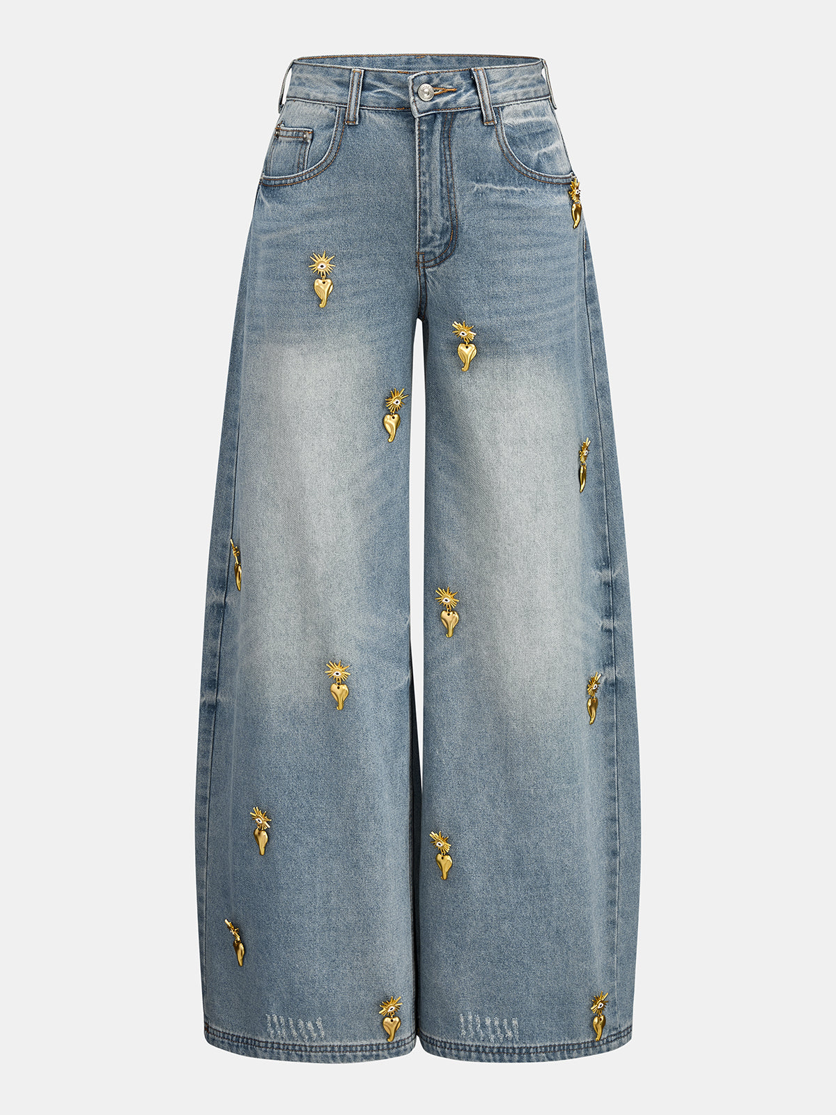 Heart Embellished High-Waist Wide Leg Denim Pants for Women