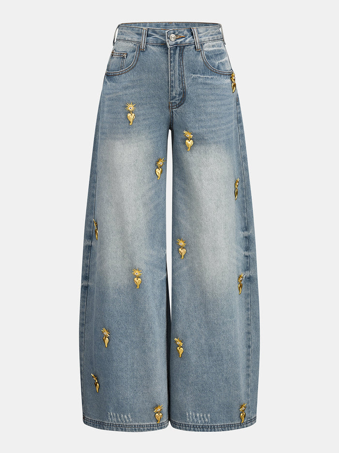 Heart Embellished High-Waist Wide Leg Denim Pants for Women