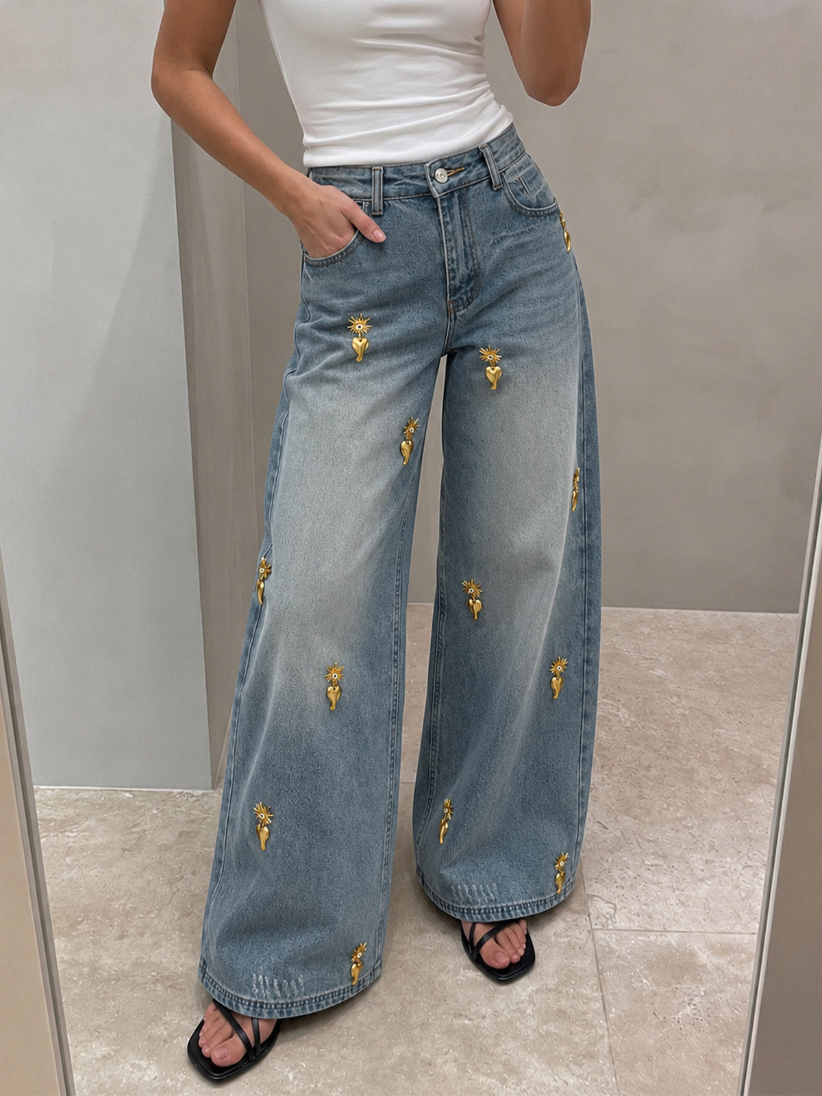 Heart Embellished High-Waist Wide Leg Denim Pants for Women